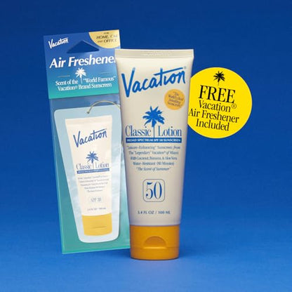 Vacation Classic SPF 50 Sunscreen Lotion and Air Freshener Bundle, 3.4 Fluid Ounces - Invisible, No White Cast, Water-Resistant, Dermatologist-Tested, Vegan, Travel Size - size: 3.4 Fl Oz (Pack of 1), style: SPF 50