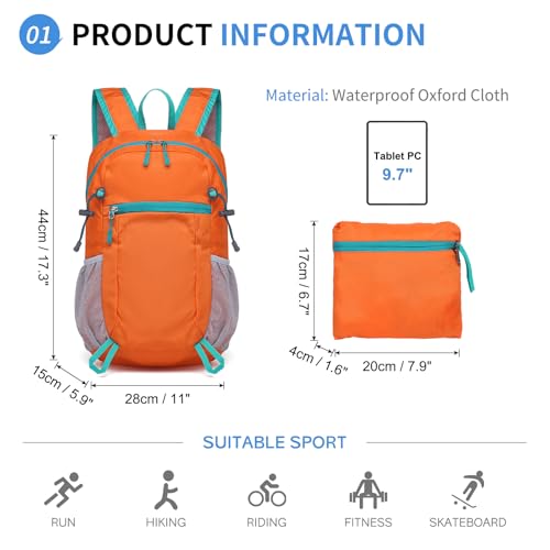 Hiking Daypack Packable, Camping Backpack Water Resistant Lightweight Polyester for Men Women Travel Outdoor - color: Orange