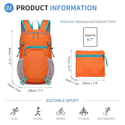 Hiking Daypack Packable, Camping Backpack Water Resistant Lightweight Polyester for Men Women Travel Outdoor - color: Orange