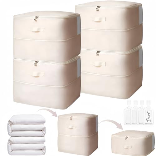 4 Pack Comforter Storage Bag, 68L Blanket Storage Bags Self Compression Comforter Organizer and Storages, Space Saving Washable Compression Bags for Blanket Bedding Pillow Duvet Quilt, Beige - color: Beige, size: 4 x 68L