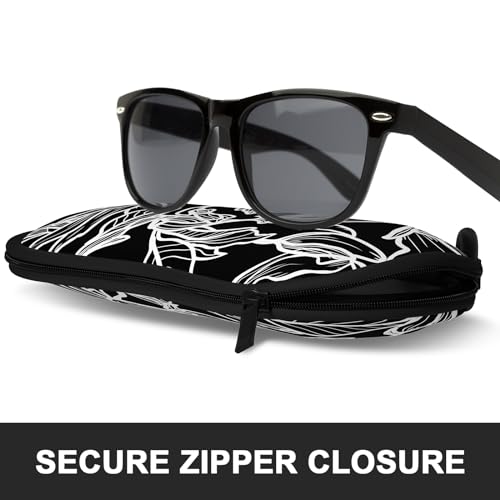 Sunglasses Soft Case, Ultra Light Portable Neoprene Zipper Glasses Case for Men Women - color: Black White Leaves
