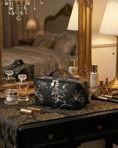 EACHY Travel Makeup Bag, Large Capacity Cosmetic Bags for Women, Waterproof Portable Pouch Open Flat Toiletry Bag Pattern Make up Bag (F-Black) - color: AH-Black, size: Medium