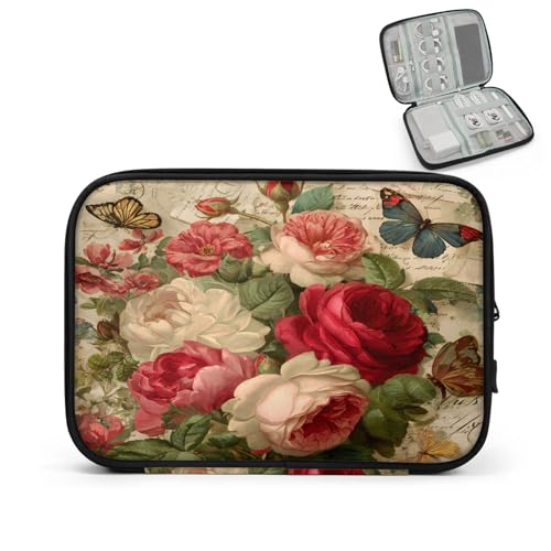 Cable Organizer Vintage Butterfly Roses Electronics Travel Organizer Case Tech Accessories Pouch Waterproof Cord Storage Bag for Power Bank Charger Phone Earphone - color: Beige Pink