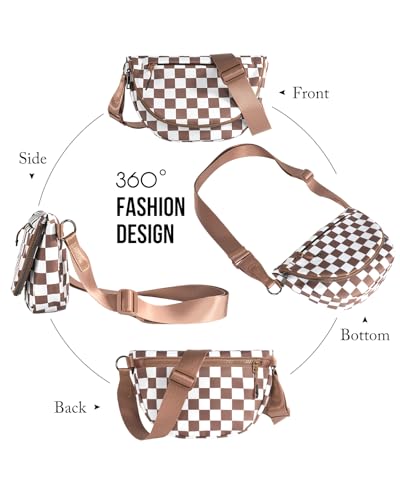 Crescent Bag for Women and Men, Fashion Medium Nylon Folding Crescent Moon Bag Single Shoulder Bag with Adjustable Strap - color: Crossbody bag- Brown Checkered