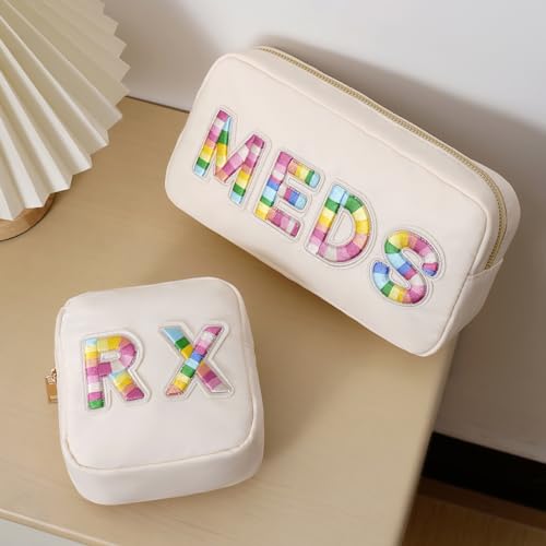 uekeboag 2Pcs Personalized Nylon Rx MEDS Cosmetic Bag, Cute Chenille Letter Patch Medicine Drug Pouch with Zipper,Preppy Makeup Travel Vitamin Bag for Women and Girls (RX+MEDS) - color: RX+MEDS
