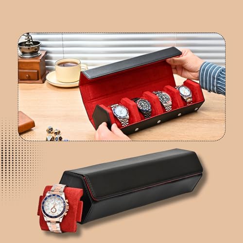 Leather Watch Roll for 4 Watches - Velvet-Lined Travel Case, Luxury Watch Rolls Organizer with Storage & Display for Men (4 Slot-Black/Red) - color: 4 Slot-Black/Red