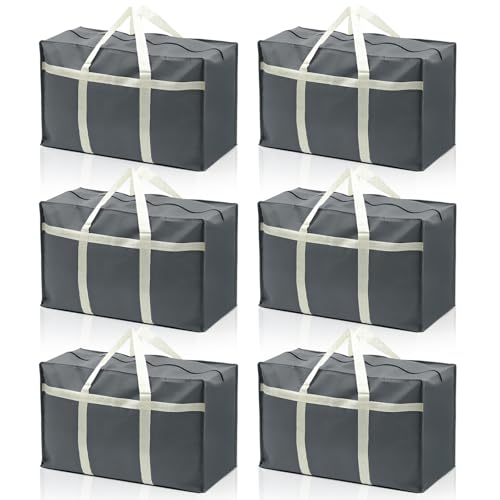 6 Pack Moving Bags, Sturdy Packing Bags for Moving with Handles, Zippers, Foldable Storage Totes for Clothes, College and Dorm, Gray, 26.77 x 9 x 19 in