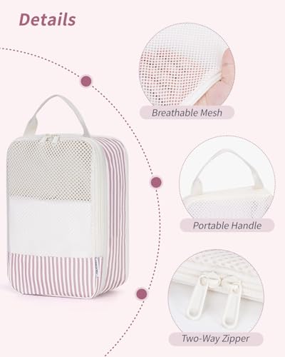 Narwey 6 Set Compression Packing Cubes for Travel Women Men, Travel Cubes for Carry On Suitcase, Durable Compression Luggage Organizer Bags - color: ZY-Dusty Pink Stripe