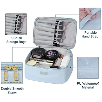 MAANGE Makeup Bag Large Cosmetic Bag with 2pcs Small Makeup Bags Portable Leather Travel Makeup Bag Set Toiletry Bag Make Up Bags for Women and Girls (Blue) - color: Blue