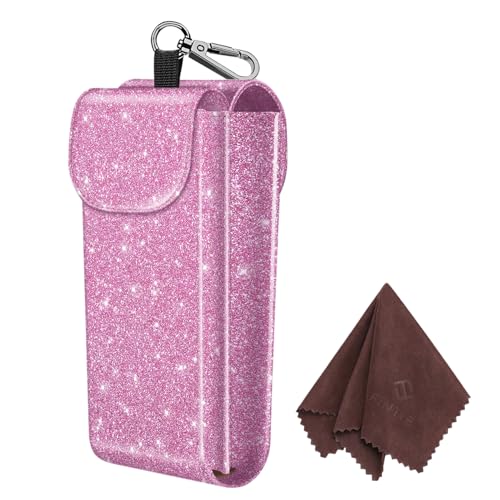 FINTIE Double Glasses Case with Carabiner Hook, Portable Vegan Leather Eyeglass Case Anti-scratch Sunglasses Pouch - color: Glittering Purple