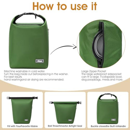 Dog Food Travel Bag Pet Food Container2PCS Collapsible Dog Travel Bowls and Zipper Side Pocket 20L (Green, Large) - color: Green, size: 20L
