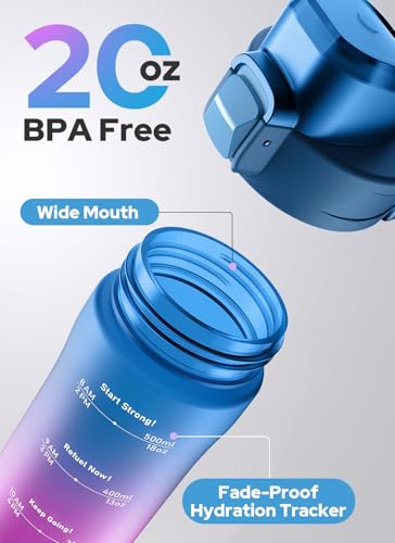Opard Zip 20oz Plastic Water Bottle Dishwasher Safe, Leakproof Flip-Top Lid, BPA Free Tritan, Wide Mouth Reusable Kids Water Bottle for School Hiking Commuting Outdoor Travel and Gym - color: Sunset Blue Pink, style: 20 oz - Fast Flow