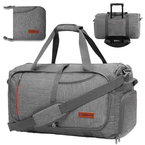 Canway 65L Foldable Duffle Bag with Shoes Compartment, Water-Resistant Packable Travel Duffel for Gym, Weekend Trips, Lightweight Carry on Luggage for Men & Women - color: Textured Grey, size: 65L