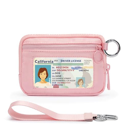 YDF The Iris Wallet for Women Mini Zip Card Case with Clear ID Window Zipper Coin Purse Lightweight Portable Keychain Wallet - color: Pink