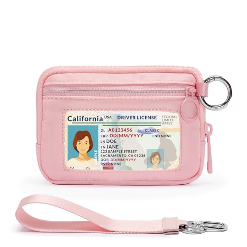 YDF The Iris Wallet for Women Mini Zip Card Case with Clear ID Window Zipper Coin Purse Lightweight Portable Keychain Wallet - color: Pink