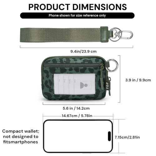 Small Nylon Wristlet Wallet for Women, Minimalist Zip Keychain Coin Purse Card Case with Clear ID Window, Water-Resistant Pouch - color: Sage Green Leopard