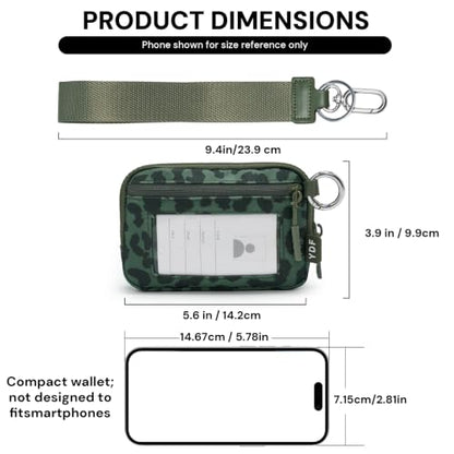 Small Nylon Wristlet Wallet for Women, Minimalist Zip Keychain Coin Purse Card Case with Clear ID Window, Water-Resistant Pouch - color: Sage Green Leopard