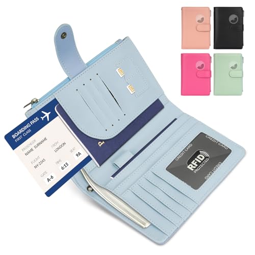 RFID Passport Holder for Women/Men Travel Gifts, Large Capacity Passport Wallet, Family Travel Documents Organizer with Card/Airtag Slots, Zipper coin pocket, Cash Holder Passport Cover Case (Blue) - color: Blue
