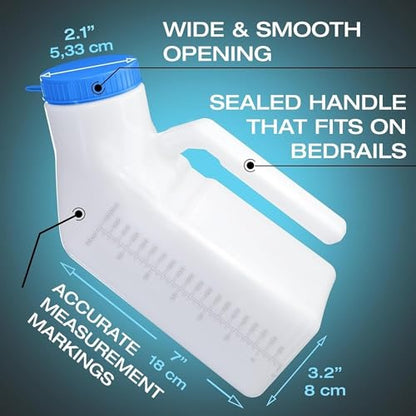 Urinals for Men Glow in The Dark Lid by Tilcare (1 Pack) - 32oz/1000mL Thick Plastic Mens Bedpan Bottle with Screw-on Lid - Spill Proof Portable Pee Bottles - Travel Urine Collection Containers