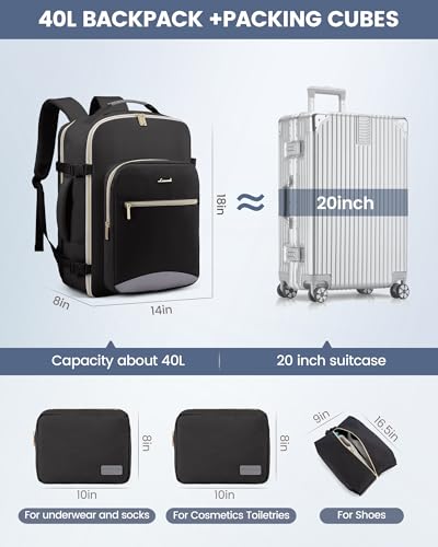 LOVEVOOK 40L Travel Backpack Flight Approved Carry on Backpack,3 Packing Cubes,Waterproof Personal Item Travel Bag,TSA Carry on Luggage Suitcase Travel Essentials,Gifts for Women & Men,fits 17" Laptop - color: Black-grey, size: Large-40L-4Pcs