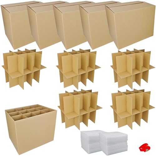 5 Sets Moving Boxes with Divider Kits,16 x 12 x 13 Inch Glassware Dish Packing Box Kitchen Moving Box Corrugate Dividers with 120 Pcs Foam Pouches,2 Pcs tape rolls with dispenser(Two Layer) - style: 5 Sets-two layer-16x12x13in