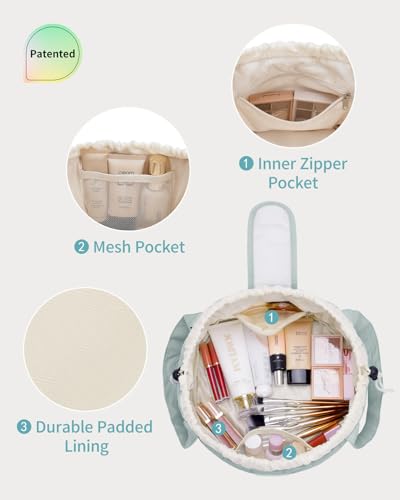 Narwey Lay Flat Open Drawstring Puffer Makeup Bag, Large Quilted Cosmetic Bag for Women Girls, Cute Make up Bags with Handle, Travel Toiletry Bag for Skincare, Brushes & Travel Essentials (Sage Green) - color: B-Quilted Sage Green