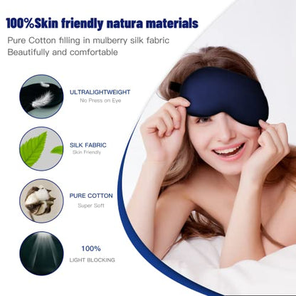 Silk Eye Mask with Adjustable Strap, Satin Blackout Sleeping Mask for Men&Women, Comfortable Blindfold Eyeshade for Night Sleep(Blue) - color: Blue
