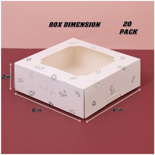 20 Pack Bakery Boxes with Window Small 6x6x2 inch for Cookie, Candy, Pastry, Brownie, Chiffon Cake, Tart, Pie, Waffle (White - Leaf) - color: White - Leaf