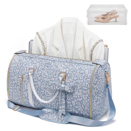 Travel Garment Bag for Women, Foldable Carry On Garment Duffle Bag 20.5x10x12.5 Inch, Convertible Overnight Bags with Shoe & Toiletry Pockets for Business Trip, Vacation, Party, Blue-White - color: White-Blue