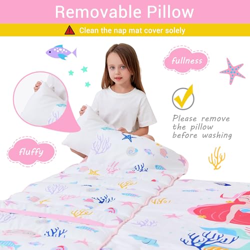 Lasoftan Toddler Nap Mat with Pillow and Blanket, Extra Large Rolled Napping Mats,Slumber Bags for Boys Girls,Kids Sleeping Bag for Daycare, Preschool Travel Camping - color: White Mermaid