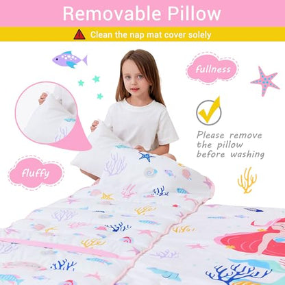 Lasoftan Toddler Nap Mat with Pillow and Blanket, Extra Large Rolled Napping Mats,Slumber Bags for Boys Girls,Kids Sleeping Bag for Daycare, Preschool Travel Camping - color: White Mermaid
