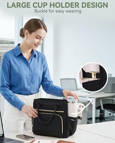 HOMESPON Insulated Lunch Bag Women Wide Opening Adult Lunch Box Large Leakproof Cooler Bag for Work Picnic Beach Family College Lunch Teacher Tote Bag with Adjustable Shoulder Strap Cup Holder(Black) - color: Black