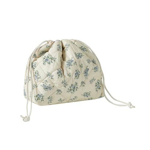 Cotton Quilted Drawstring Makeup Bag with Canvas Lining,Coquette Aesthetic Cute Travel Toiletry Bag,Drawstring Gift Bag for Women and Girls（11Blue Flower） - color: 11Blue Flower