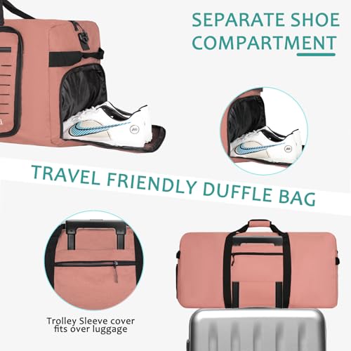 Foldable Travel Duffle Bag for Men Women, Waterproof with Shoe Compartment, 80L 120L Large Collapsible Luggage Bag, Lightweight Packable Duffel for Travel Sports Gym Airline Carry On Checked Bag - color: Pink
