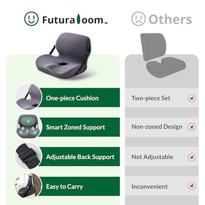 One-Piece Memory Foam Seat & Back Cushion - Lumbar Support, Adjustable Strap, Non-Slip Bottom - Breathable Removable Cover for Office Chair, Car, Truck (Grey) - color: Grey