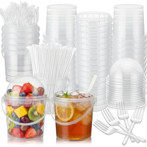 50 Pcs Bucket Cups Bulk Reusable Plastic Drink Buckets with Lids Dome Forks and Straws 32 oz Ice Cream Freezer Food Storage Containers for Popcorn Pail Outdoor Travel Beverage Party Picnic - size: 32 oz