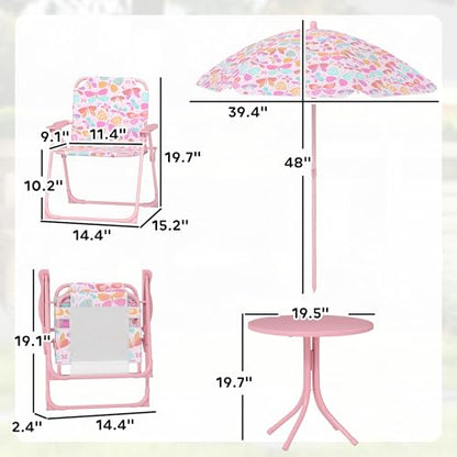 Qaba Kids Picnic Table and Chair Set, Outdoor Activity Table with Foldable Chairs, Removable Umbrella, Butterfly Pattern Toddler Patio Furniture for Backyard, Garden, Pink