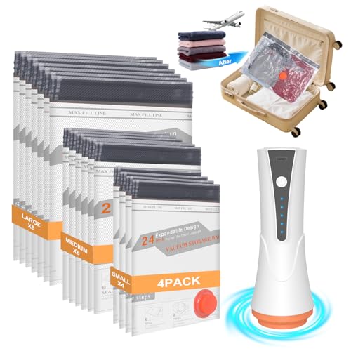 Vacuum Storage Bags for Travel with Rechargeable Air Pump - 16 Pack Vacuum Seal Bags for Clothing Space Saver, Compression Packing Bags for Suitcase Luggage, Blankets, Bedding, Seasonal Storage