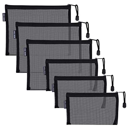 HRX Package Nylon Mesh Cosmetic Zipper Bags, 6PCS Black Makeup Pouches Travel Organizer Case for Purse Diaper Bag (A5 x 3pcs, A6 x 3pcs) - color: Black, size: A5, A6