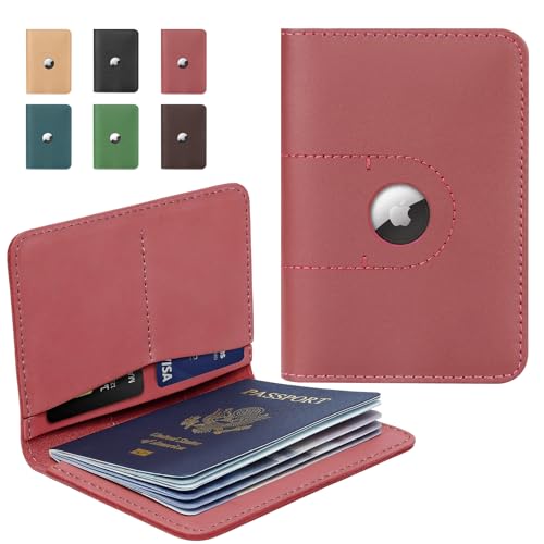 ALLIVE Passport Holder for Travel, Genuine Leather Passport Holder with AirTag Slot for Women and Men, Passport Cover Wallet Travel Must Haves Airport Essentials,Travel Gifts, Pink - color: Pink, style: With Airtag Holes