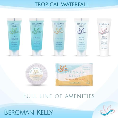Bergman Kelly - Hotel Toiletries Bundle - Tropical Waterfall, 1 oz each, 18800 pcs - 4-Piece Set: Rectangular Bar Soap, Shampoo, Conditioner & Body Lotion (4700 each) - Bulk Mini Guest Amenities - size: Full Pallet (18800 Pieces)