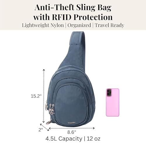 Baggallini Securtex® Anti-Theft Multi Zip Sling - Lightweight 8.6"x15.2" Travel Bag with Locking Zippers & RFID Protection - color: Mist