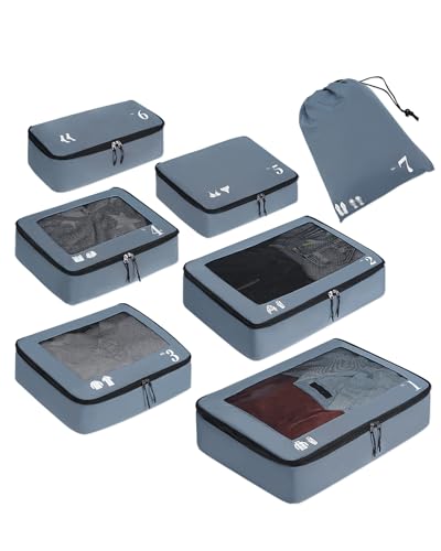 ECOHUB 7 Set Packing Cubes Tear-Resistant Luggage Packing Organizers with Number Icon for Travel Accessories Luggage Suitcase Machine Washable Packing Cubes (Grey) - color: Grey-No Compress, size: 7 Set Packing Cubes