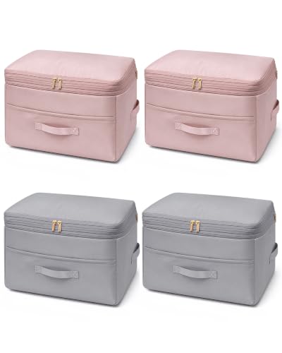Comforter Storage Bag, 4 Pack Ultra Space Saving Self Compression Organizers, Double Zipper Compression Packing Cubes for Blankets Duvet Quilts Pillows Queen King Bedding Clothes (Gray & Pink X-Large) - color: Gray&Pink, size: 4 Pack (X-Large)