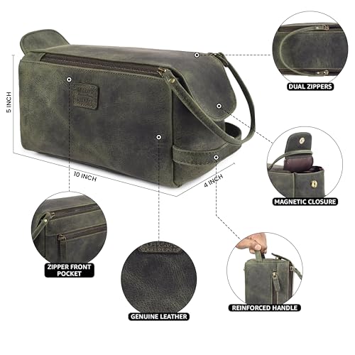 LEATHER VILLAGE Genuine Leather Travel Toiletry Bag - Water-Resistant Dopp Kit for Toiletries, Large Shaving Bag & Bathroom Organizer - Gift for Men & Women - Olive - color: Olive