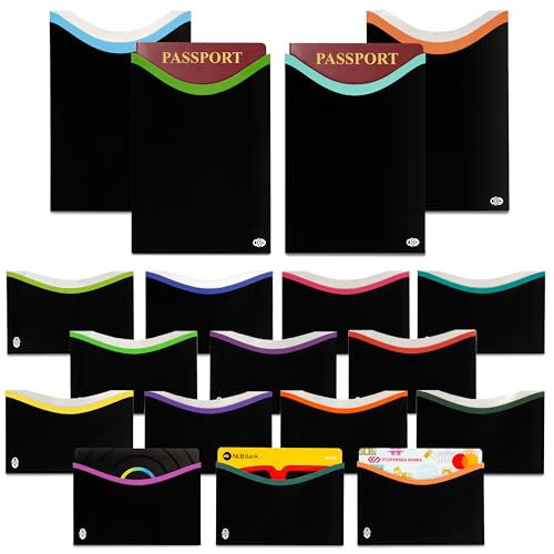 RFID Blocking Sleeves for Credit Cards & Passport (14 Long Side Card & 4 Passport Sleeves) RFID Card Holder and Protector Sleeve for Credit, Passport Identity Theft Protection Travel Wallet Slim - color: 14 Top Load + 4 Passport