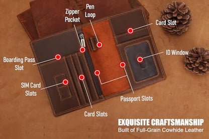STAR VISTA Phoenix Leather Passport Holder, Full Grain Leather Travel Wallet- Slim, Bifold, RFID Blocking, ID Window, Coin Pocket, Card Slots, SIM Slots - color: Brown Cowhide