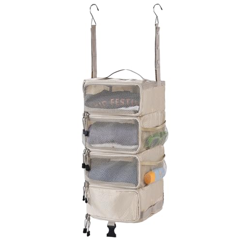 Surblue Hanging Travel Organizer Portable Hanging Luggage Organizer Multiple Compartments Collapsible Compression Closet Packing Cubes,Beige,S - color: Beige, size: Small