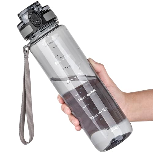 OLDLEY 32 oz Water Bottle, Motivational Water Bottle with Time Marker, Sports Water Bottle With Strap, Leakproof & BPA Free Large Water Bottles for School, Gym,Outdoor, Tritan, Transparent-Gray - color: B-Transparent-Gray, size: 32 Ounces