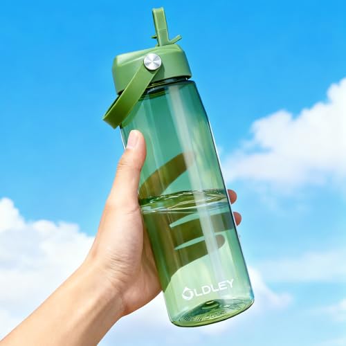 OLDLEY 32 oz Water Bottle with Straw, Leakproof Sports Water Bottle with Carry Strap, BPA-Free Large Water Bottles for Home,Travel, School, Outdoors, Gym, Tritan, Olive Green - color: Olive Green